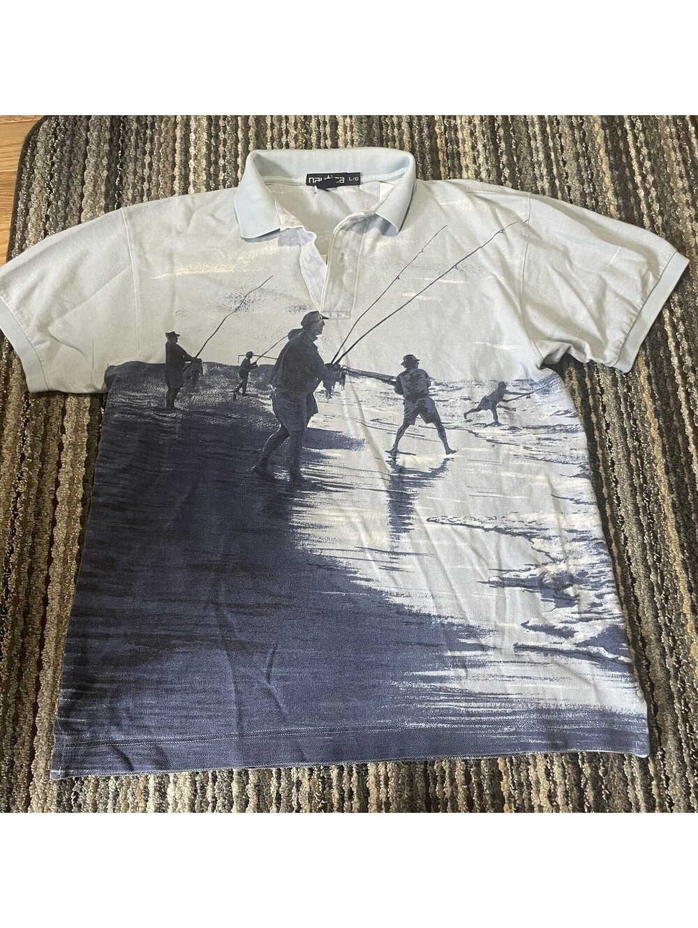 Vintage Nautica Polo Shirt "Surf Casting" Fishing All Over Graphics Blue Large